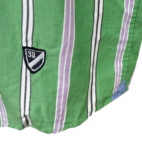 CREMIEUX Mens Classico Shirt Large Short Sleeve Green Stripe Cotton Button Down - Picture 6 of 8